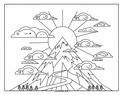 Desenho de paisagem para colorir para crianças: Uma trilha de montanha sobe sinuosamente sob um sol sorridente e nuvens redondas e alegres