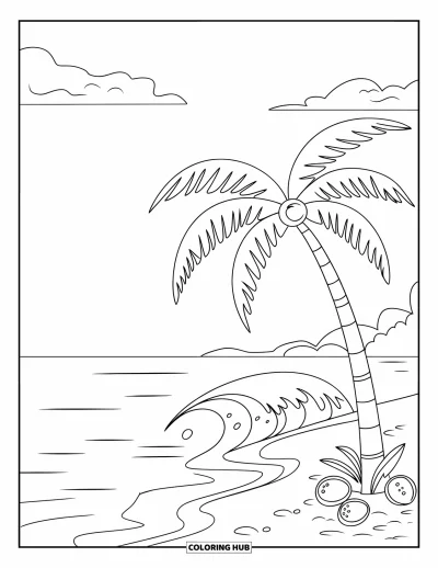 Desenho de paisagem para colorir para crianças: Um coqueiro se inclina sobre areia molhada e ondas leves numa praia sossegada
