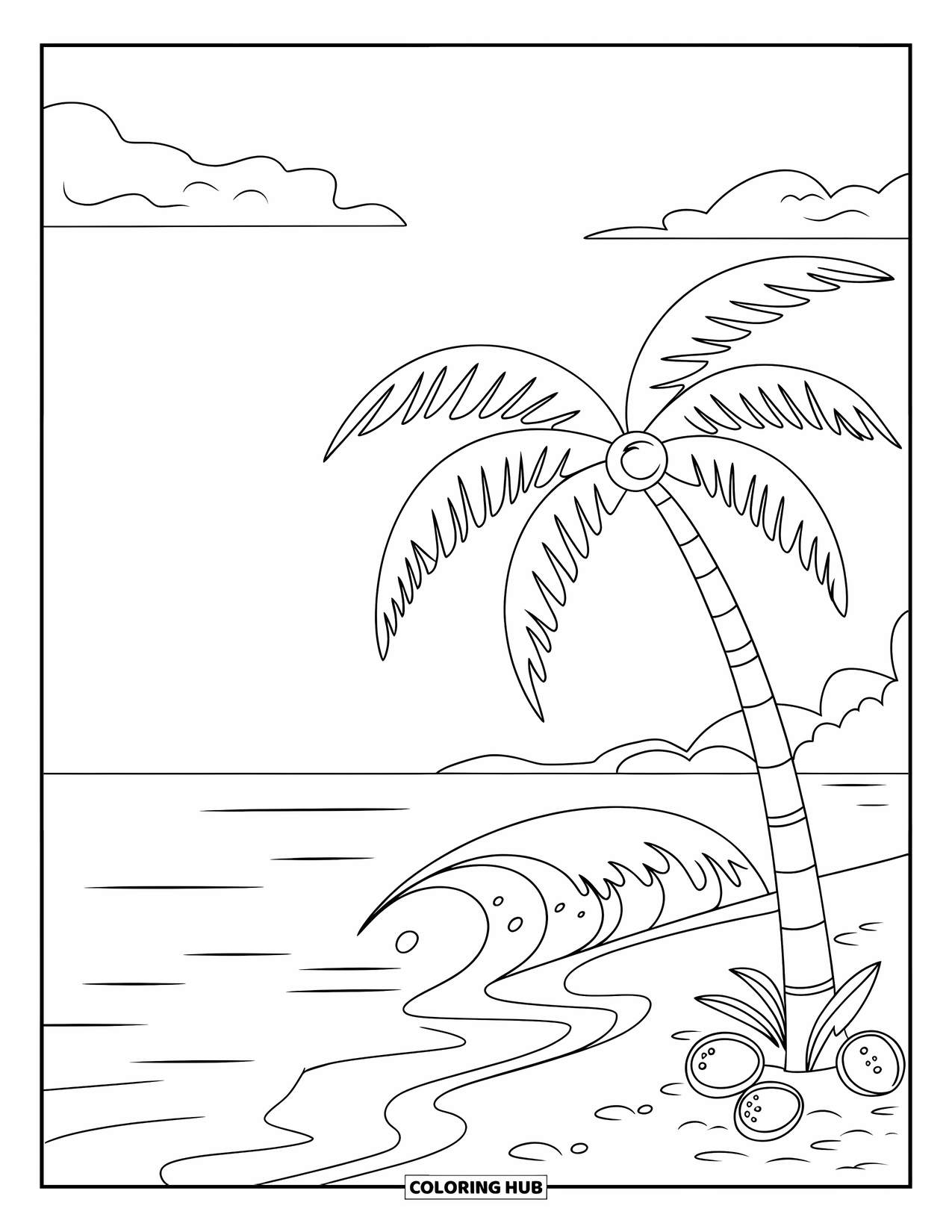 Scenery Coloring Page for Kids: A palm tree leans over wet sand and soft waves on a quiet beach