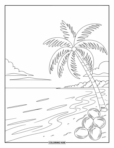 Desenho de paisagem para colorir para crianças: Uma praia tranquila com um coqueiro, ondas suaves e uma orla arenosa