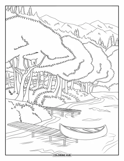 Desenho de paisagem para colorir para crianças: Cena de rio florestal tranquila com pier, canoa e montanhas ao fundo
