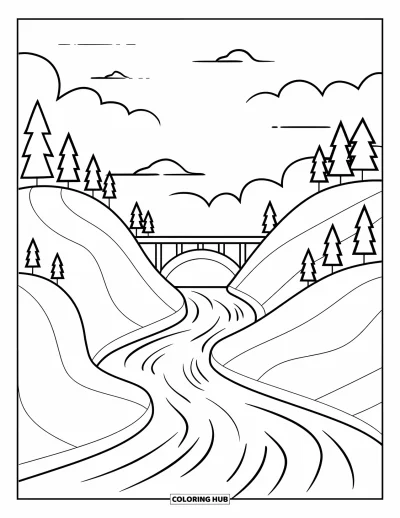 Desenho de paisagem para colorir para crianças: Uma ponte tranquila se arqueia sobre um rio sinuoso entre colinas cobertas de árvores