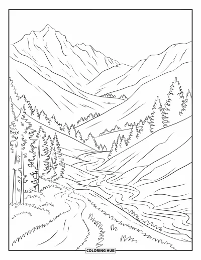 Desenho de paisagem para colorir para crianças: Um rio corta encostas florestadas e uma trilha num vale entre montanhas
