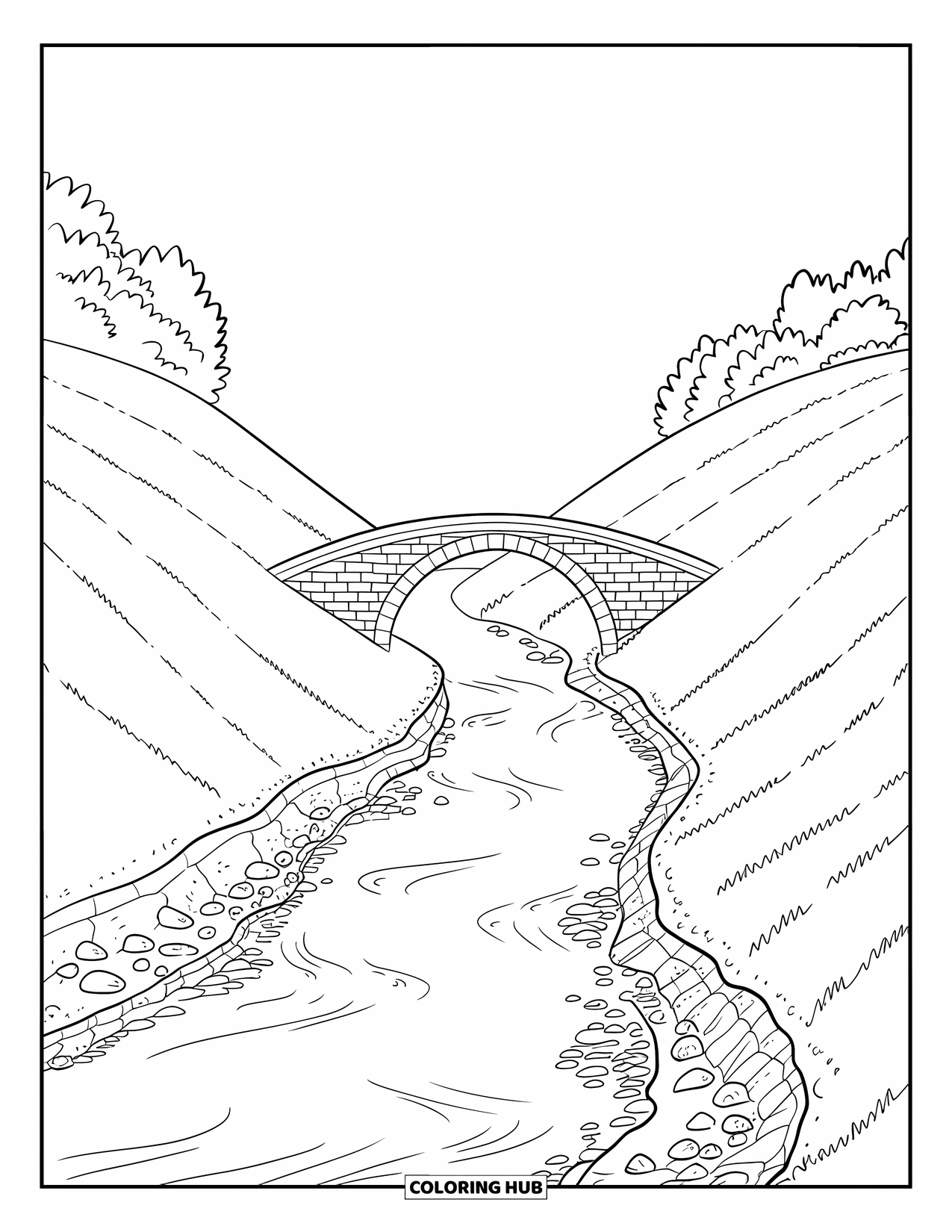 Scenery Coloring Page for Kids: A river flows under a stone bridge between grassy hills dotted with trees