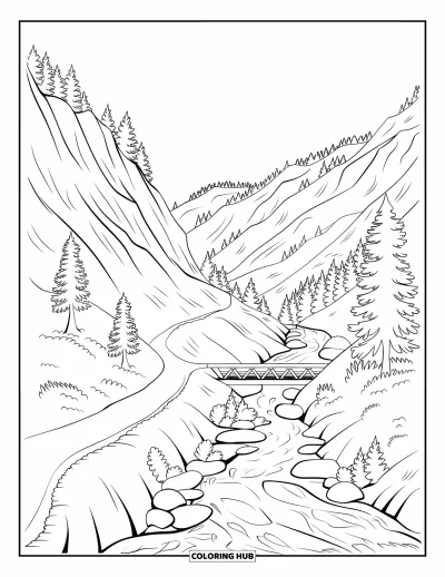 Desenho de paisagem para colorir para crianças: Uma trilha íngreme de montanha desce até um rio veloz e uma ponte de madeira