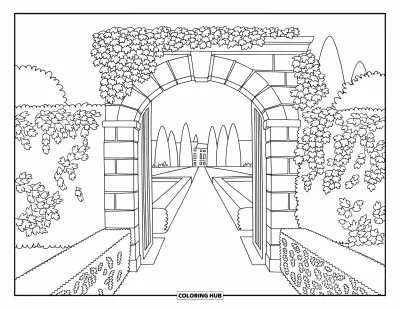 Desenho de paisagem para colorir para crianças: Um arco de pedra coberto de hera abre para um jardim formal com trilha e edificação ao fundo
