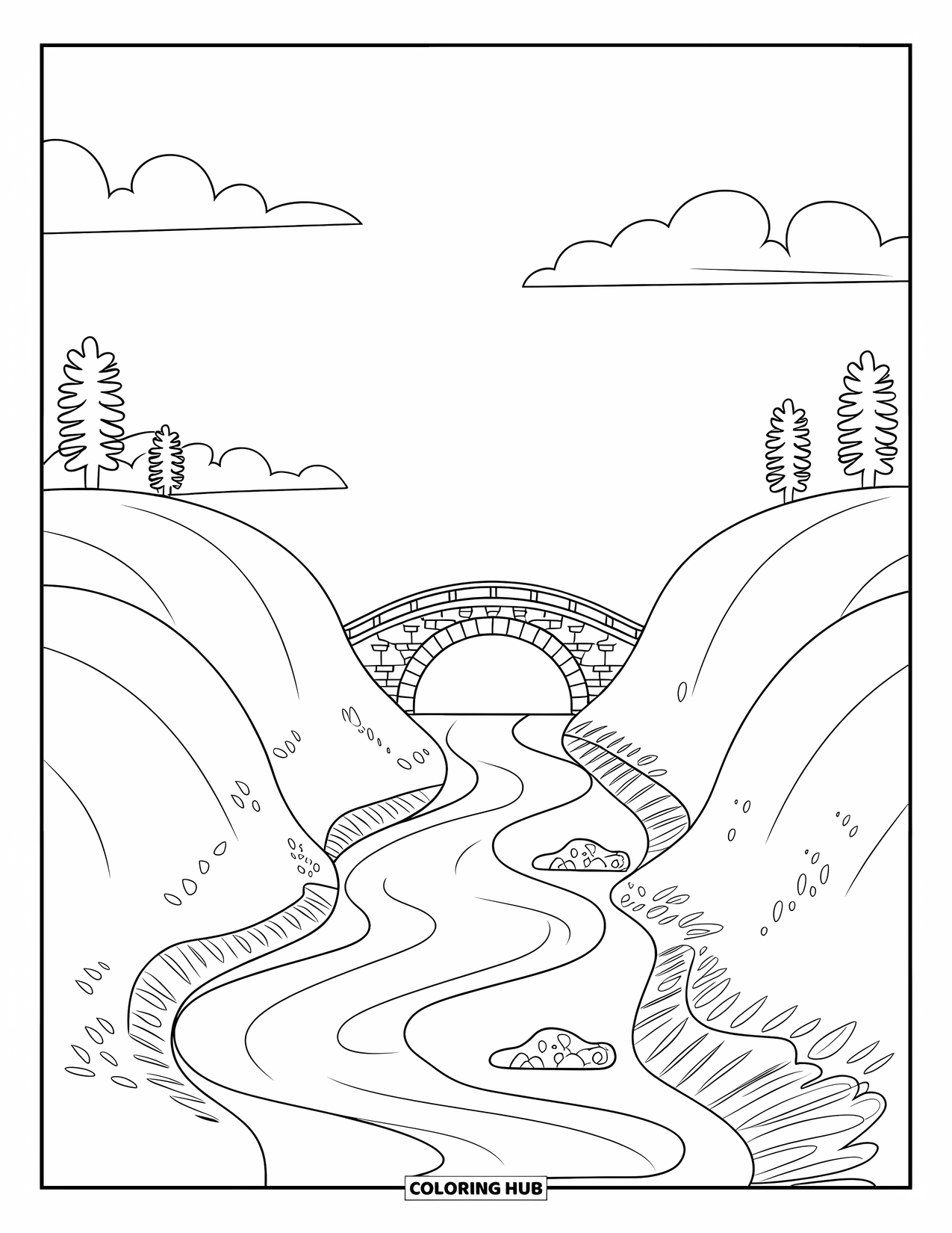 Scenery Coloring Page for Kids: A stone bridge crosses a winding river between two gentle, tree-lined hills