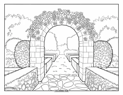 Desenho de paisagem para colorir para crianças: Um arco de pedra no jardim abre para um caminho sinuoso entre sebes e arbustos bem cuidados