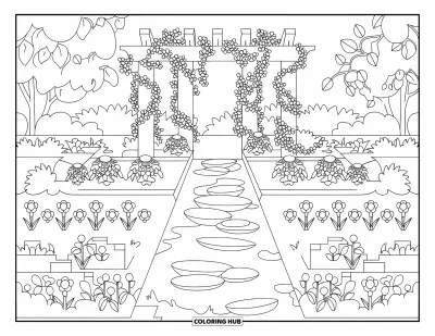Desenho de paisagem para colorir para crianças: Um riacho flui por flores, trepadeiras e uma pérgola num jardim sereno