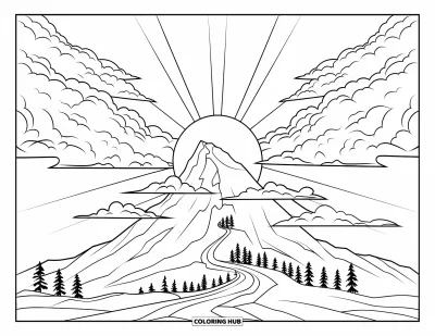 Desenho de paisagem para colorir para crianças: O amanhecer ilumina uma trilha sinuosa que leva ao topo de uma montanha alta