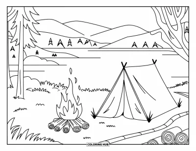 Desenho de paisagem para colorir para crianças: Uma barraca e fogueira ficam perto de um lago com árvores e vista para as montanhas