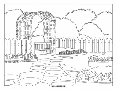 Desenho de paisagem para colorir para crianças: Uma pérgola e um banco ficam perto de canteiros de flores e pedras de caminho num jardim cercado