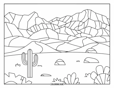 Desenho de paisagem para colorir para crianças: Um cacto único e rochas pontiagudas pontilham um deserto com picos distantes