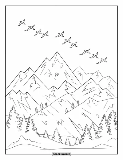 Desenho de paisagem para colorir para crianças: Uma formação de pássaros voa acima de árvores e topos de montanhas acidentadas