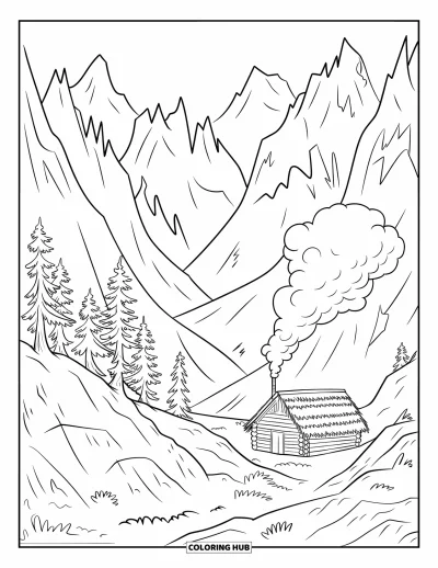 Desenho de paisagem para colorir para crianças: Uma cabana de madeira fica perto de uma passagem arborizada, rodeada por picos rochosos de montanha