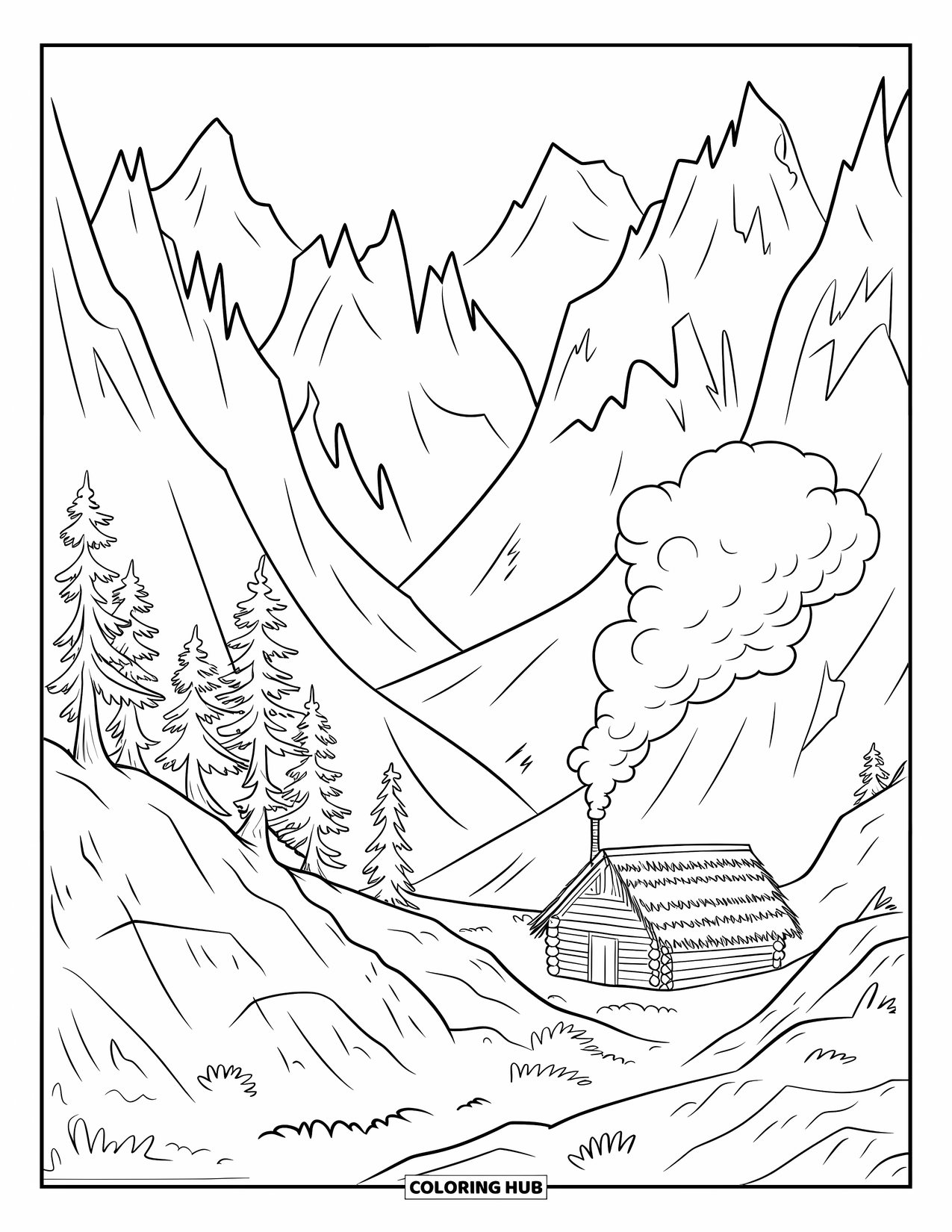Scenery Coloring Page for Kids: A wooden cabin sits near a tree-lined pass, surrounded by rocky mountain peaks