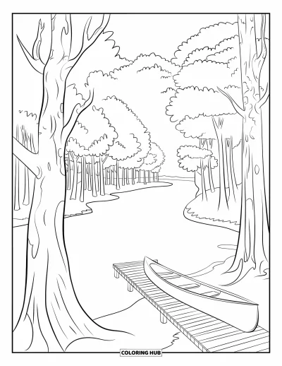 Desenho de paisagem para colorir para crianças: Um pier de madeira e uma canoa ficam tranquilos às margens de um rio florestal límpido