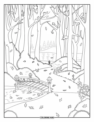 Desenho de paisagem para colorir para crianças: Folhas caídas e árvores nuas ladeiam uma trilha iluminada por lanternas com um pequeno lago