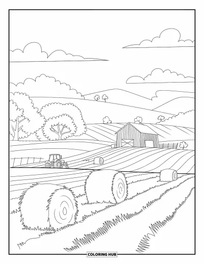 Desenho de paisagem para colorir para crianças: Campos cultivados, um trator e fardos de feno cercam um celeiro no interior