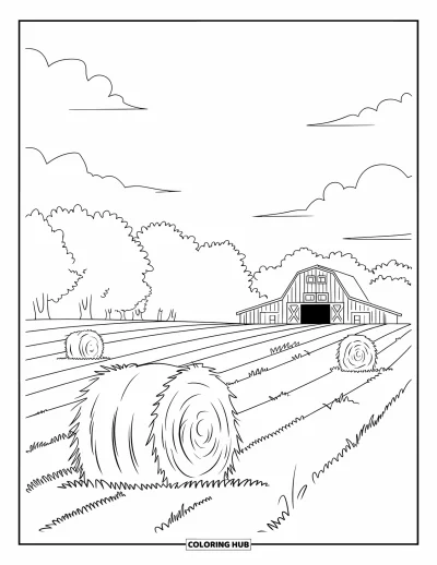 Desenho de paisagem para colorir para crianças: Fardos de feno e campos se estendem em direção a um celeiro sob um céu claro com nuvens