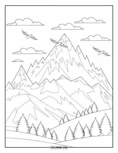 Desenho de paisagem para colorir para crianças: Montanhas pontiagudas se elevam acima de pássaros planando perto de árvores frondosas