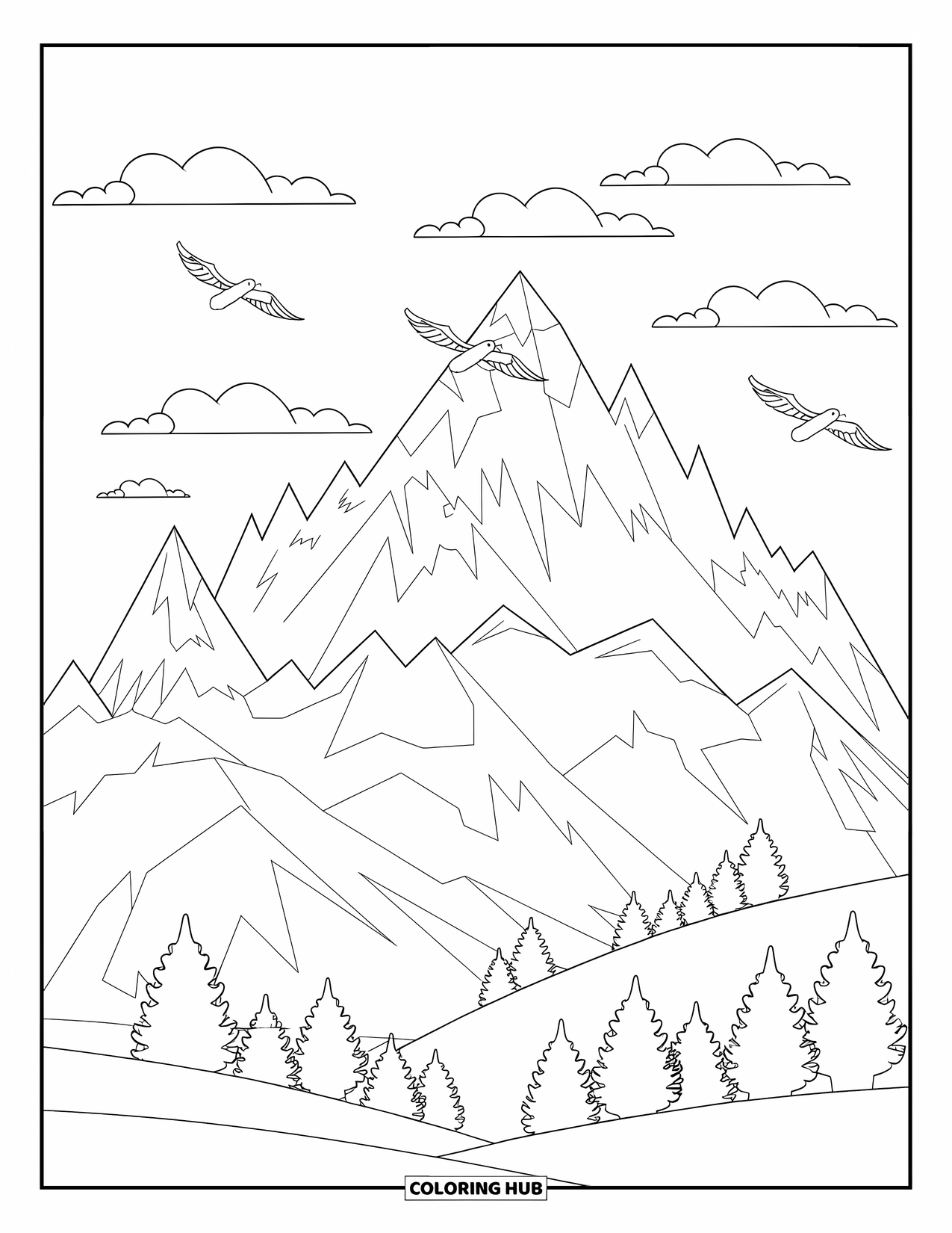 Scenery Coloring Page for Kids: Jagged mountains tower above birds gliding near leafy trees