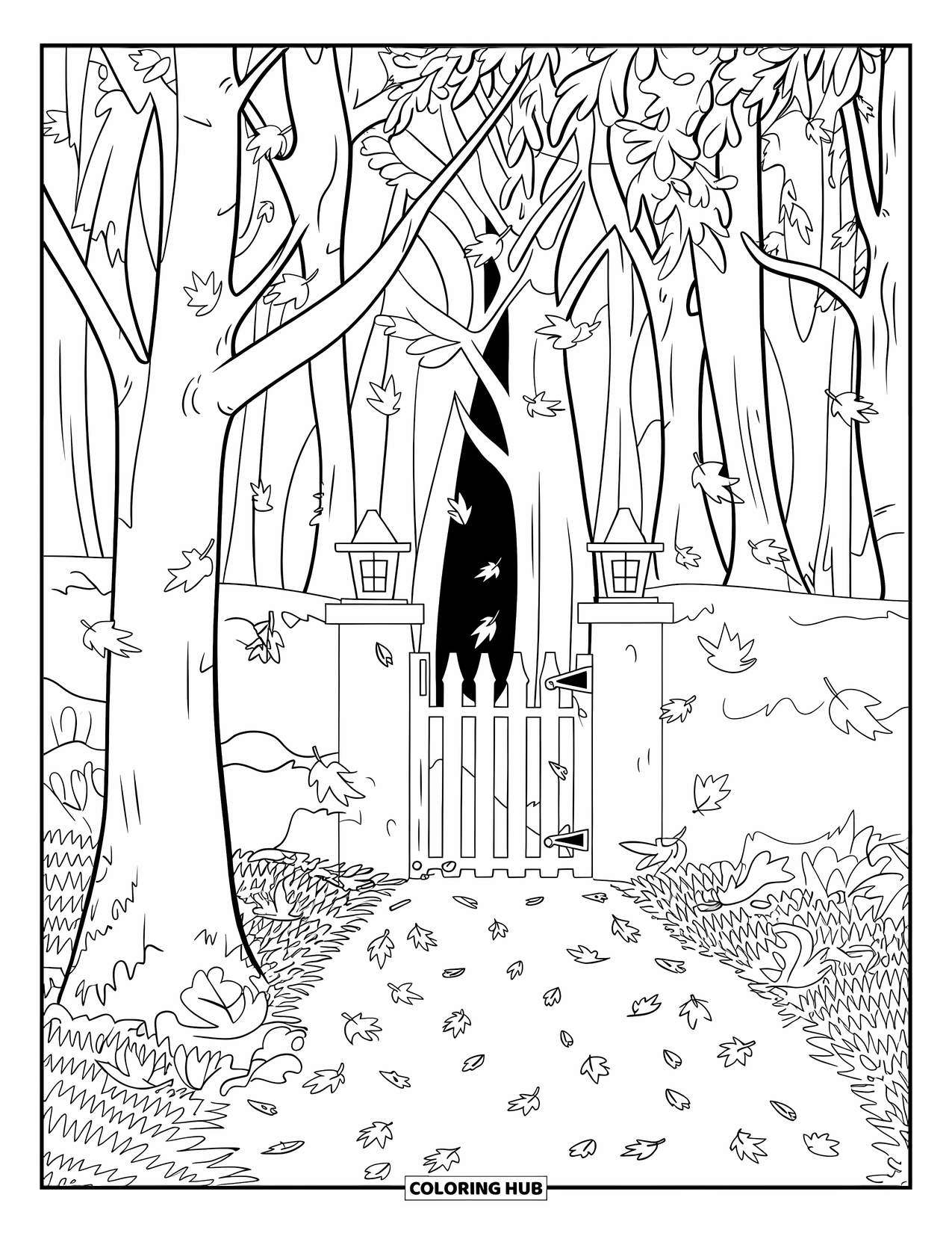 Scenery Coloring Page for Kids: Leaves fall on a forest path lit by lanterns and ending at a wooden gate