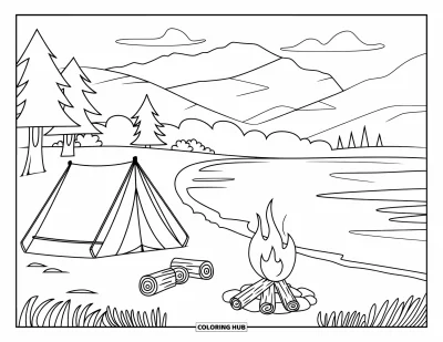 Desenho de paisagem para colorir para crianças: Troncos cercam uma fogueira à beira de um lago perto de uma barraca sob um céu de montanha limpo