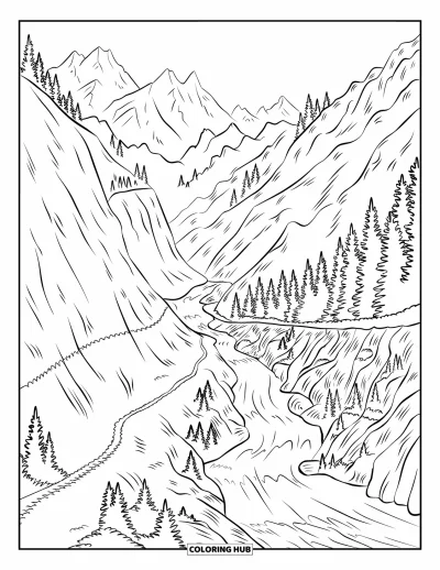 Desenho de paisagem para colorir para crianças: Corredeiras fluem entre encostas rochosas e árvores altas num vale impressionante