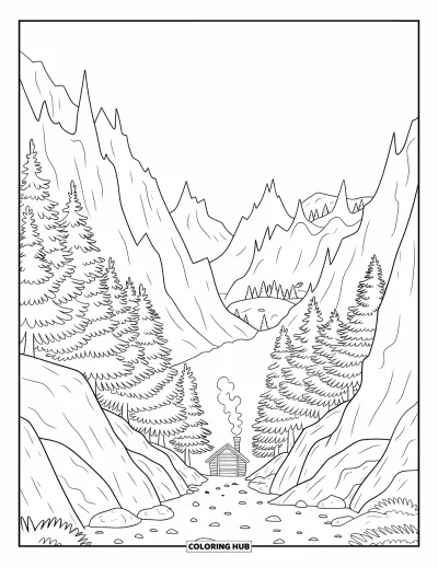 Desenho de paisagem para colorir para crianças: Rochas e picos afiados cercam uma cabana tranquila encaixada numa passagem de montanha