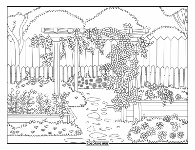 Desenho de paisagem para colorir para crianças: Rosas e margaridas florescem num jardim com trepadeiras subindo por uma pérgola de madeira