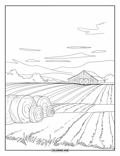 Desenho de paisagem para colorir para crianças: Fenos empilhados e plantações preenchem uma cena de fazenda com um celeiro ao fundo e céu aberto