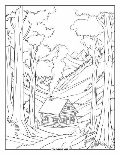 Desenho de paisagem para colorir para crianças: Árvores altas e caminhos sinuosos levam a uma cabana numa floresta de montanha