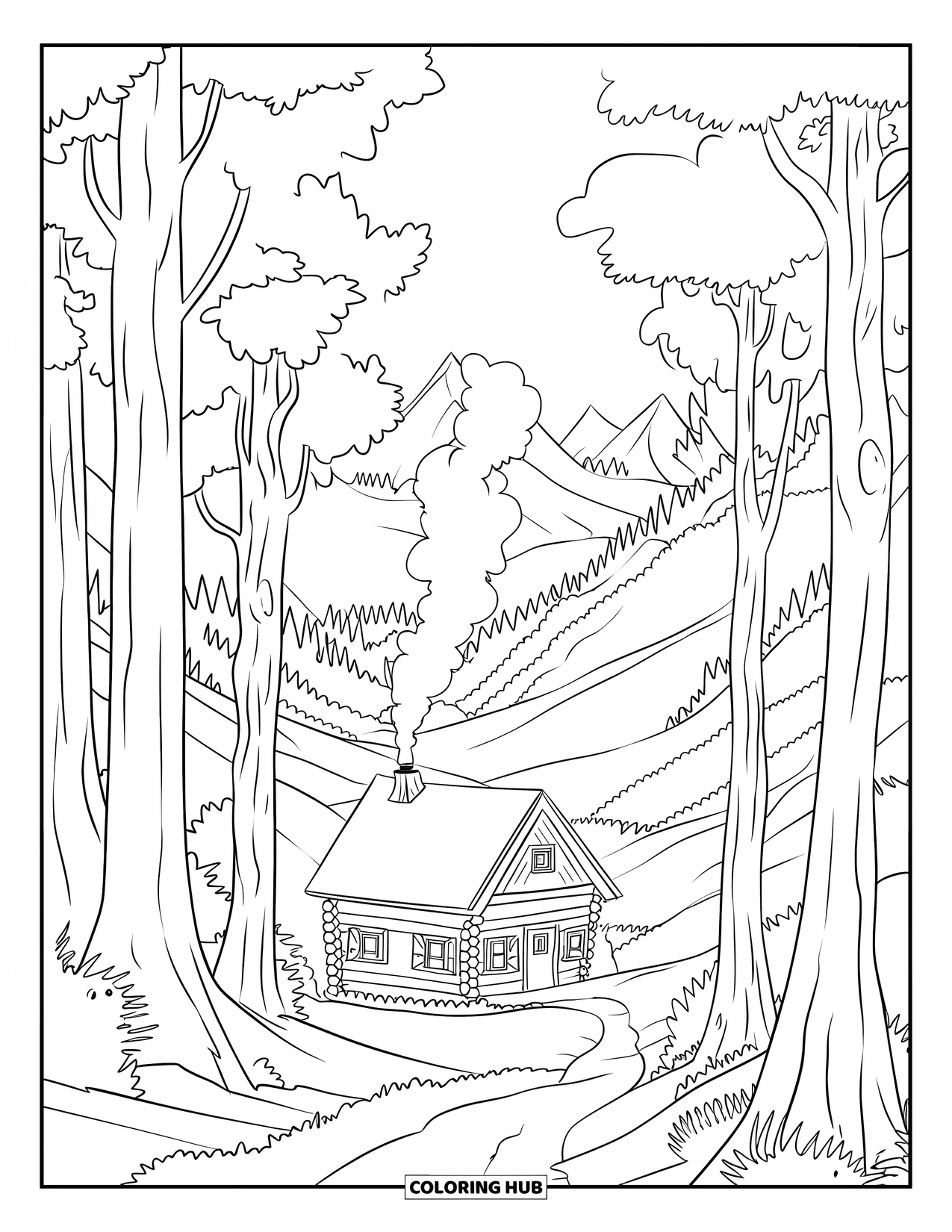 Scenery Coloring Page for Kids: Tall trees and winding paths lead to a cabin in a mountain forest