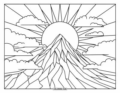 Desenho de paisagem para colorir para crianças: O sol nasce atrás de uma montanha alta com nuvens marcantes no céu