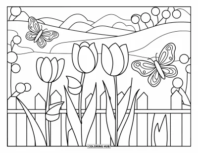 Desenho de paisagem para colorir para crianças: Três tulipas e borboletas animam uma cena de jardim com cerca e colinas