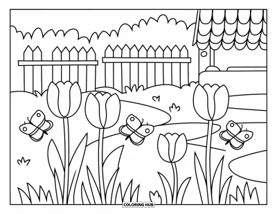 Desenho de paisagem para colorir para crianças: Três tulipas desabrocham perto de borboletas e uma cerca numa trilha de jardim alegre