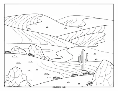 Desenho de paisagem para colorir para crianças: Dunas onduladas, rochas marcantes e um cacto solitário preenchem a paisagem aberta do deserto