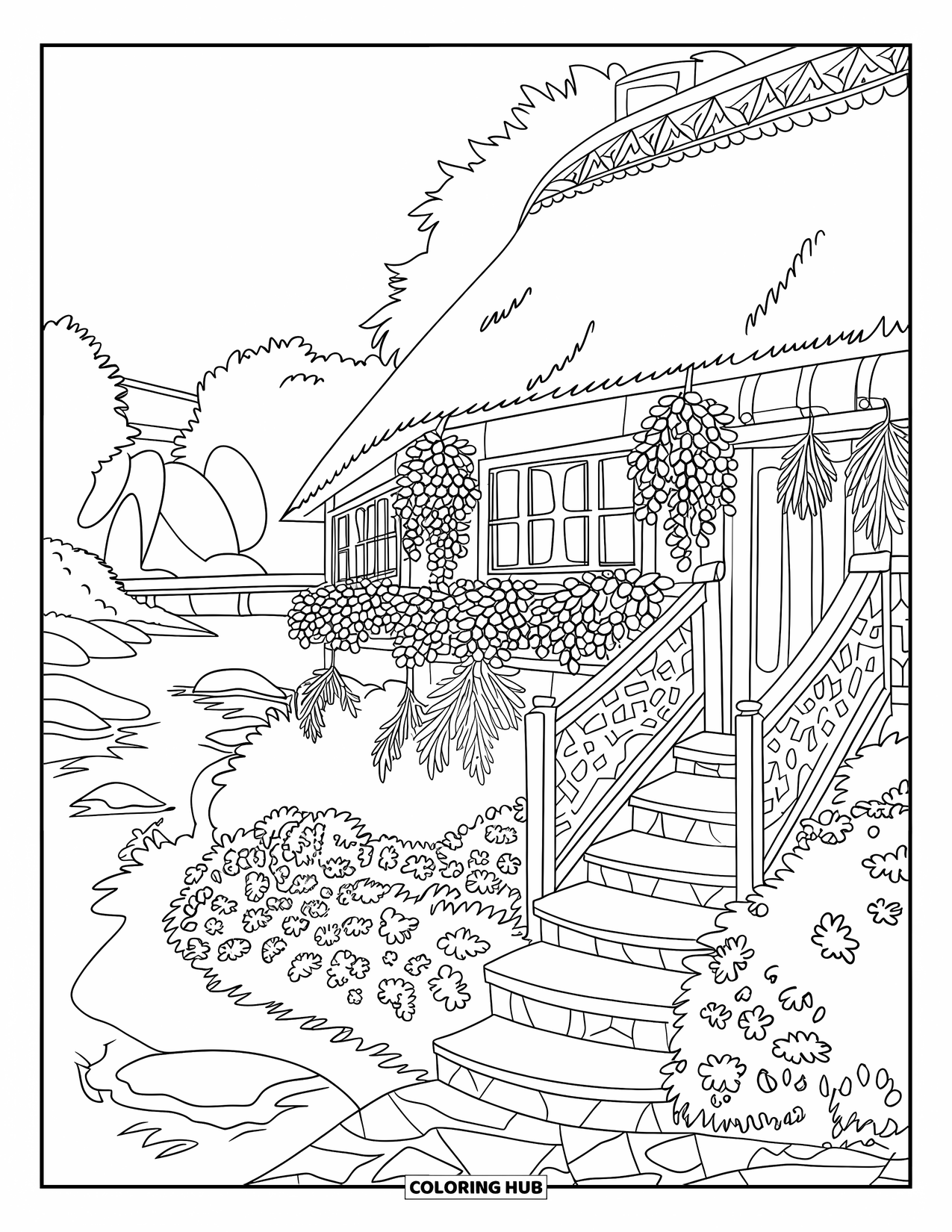 Scenic Coloring Page for Adults: A cozy riverside cottage with flowers, a patterned fence, and a scenic bridge