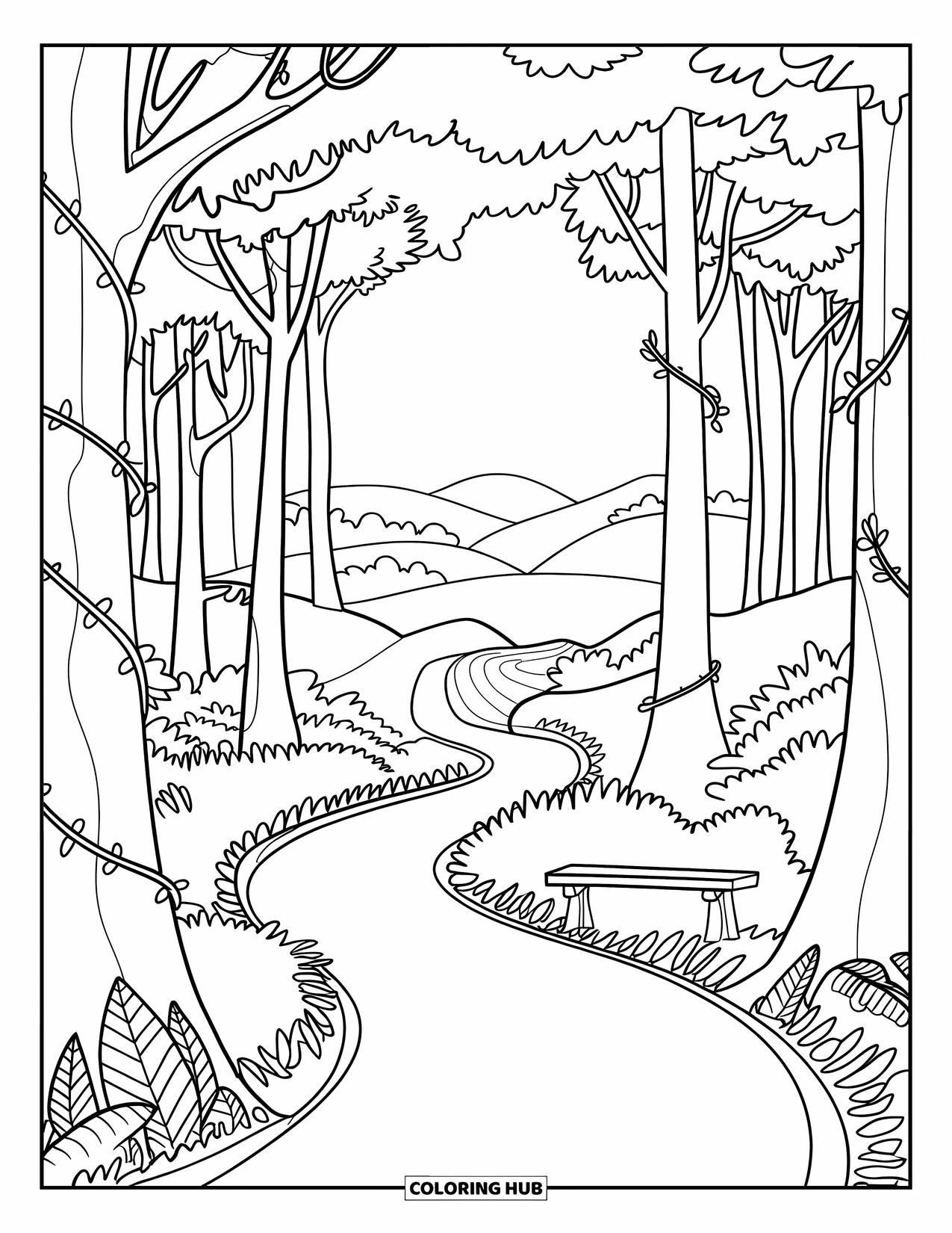 Scenic Coloring Page for Adults: A peaceful forest trail with leafy patterns, a bench, and hills in the distance
