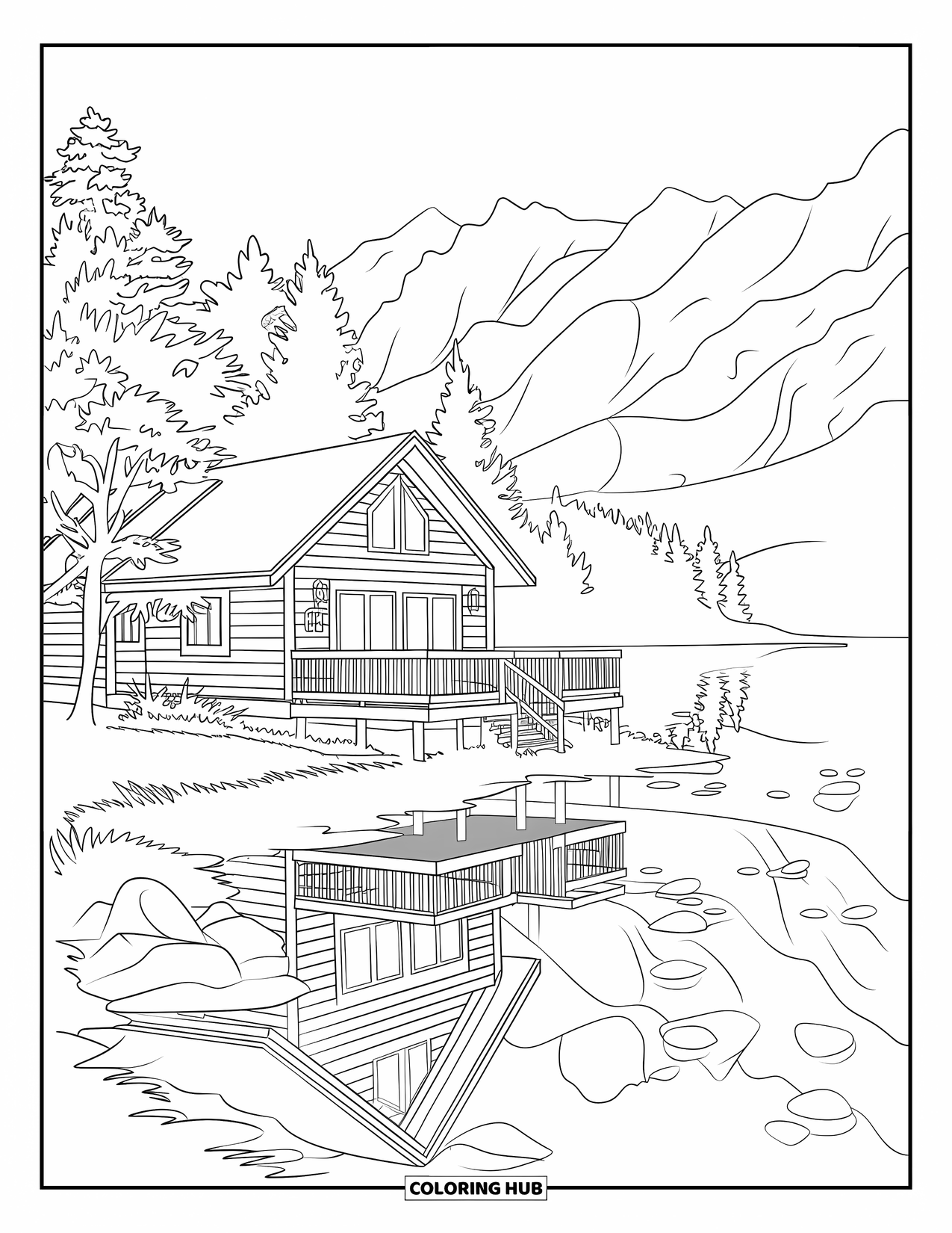 Scenic Coloring Page for Adults: A warm cabin near a lake, surrounded by forest trees and distant mountains