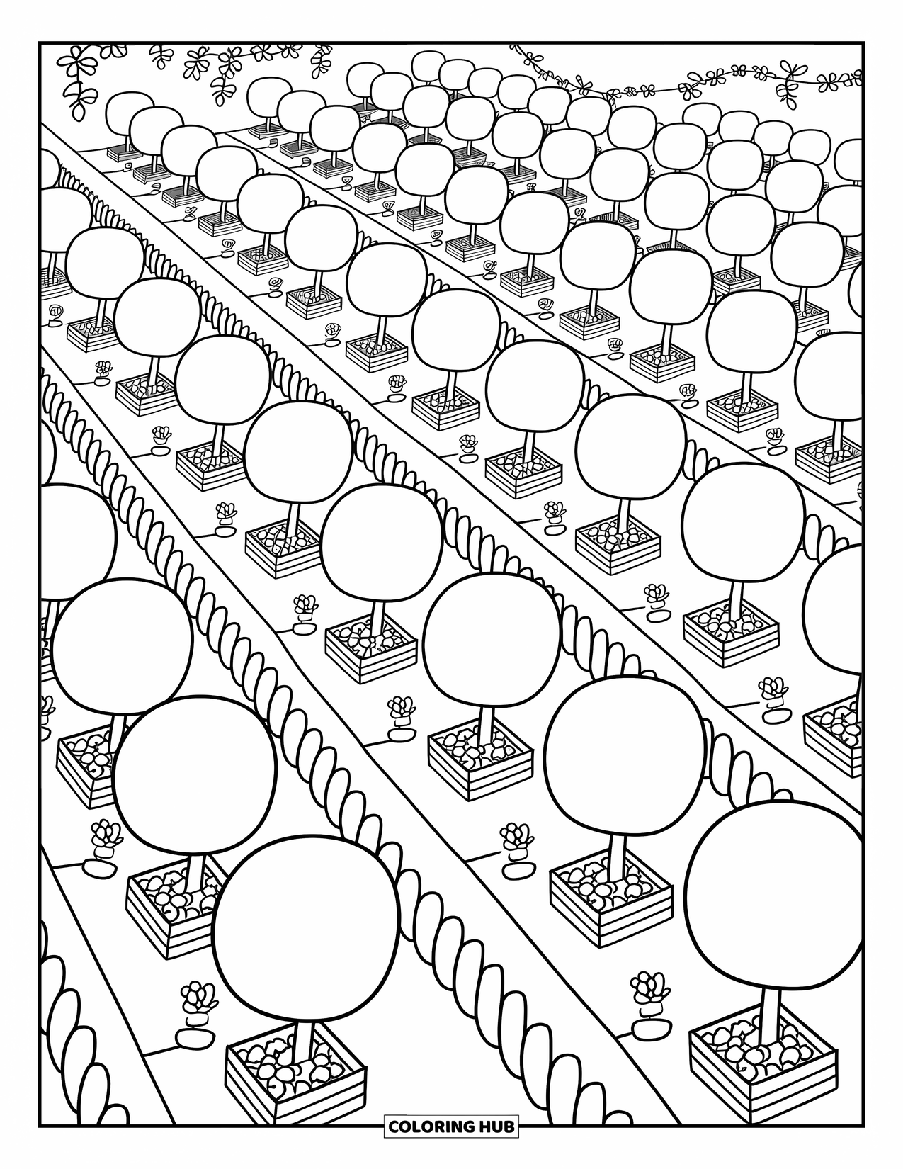 Scenic Coloring Page for Adults: Orchard paths lined with flowers and vines wind between trees and fruit-filled crates