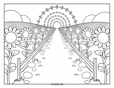 Τοπιακή ζωγραφιά για εκτύπωση για μεγάλους: Ηλιοτρόπια σε μακρύ μονοπάτι με αμπελόφυλλες αψίδες και λόφους στο βάθος
