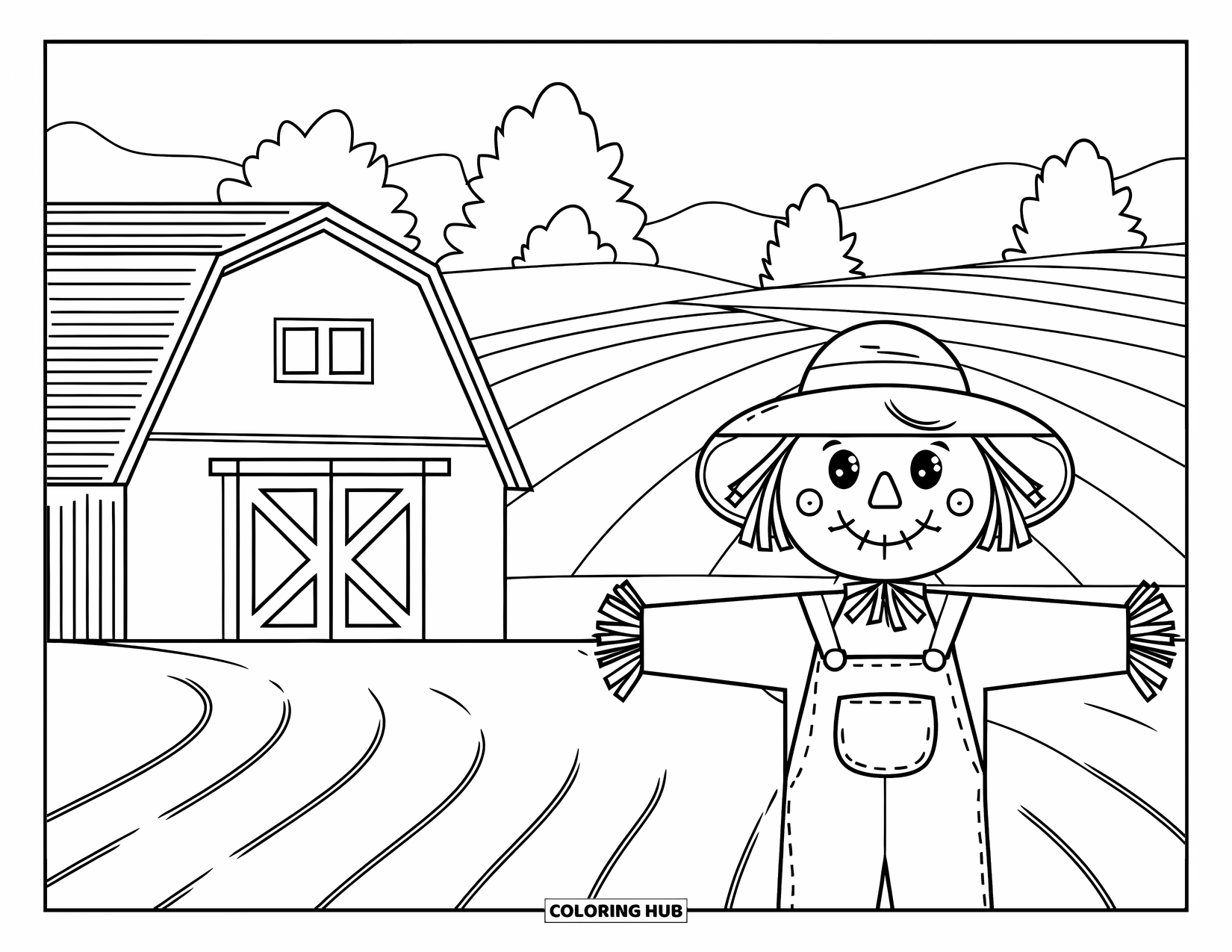 Scenic Coloring Page for Kids: A cheerful scarecrow stands in a farm field beside a barn and rolling hills