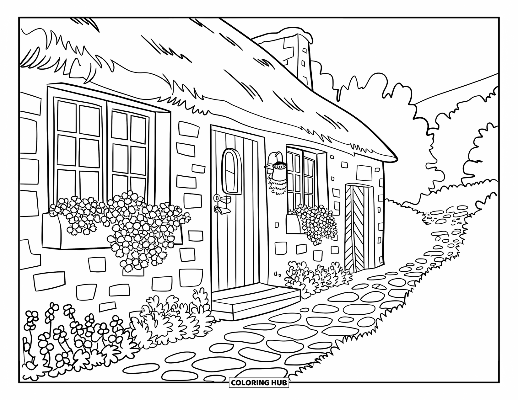 Scenic Coloring Page for Kids: A cottage with a thatched roof and garden blooms beside peaceful hills