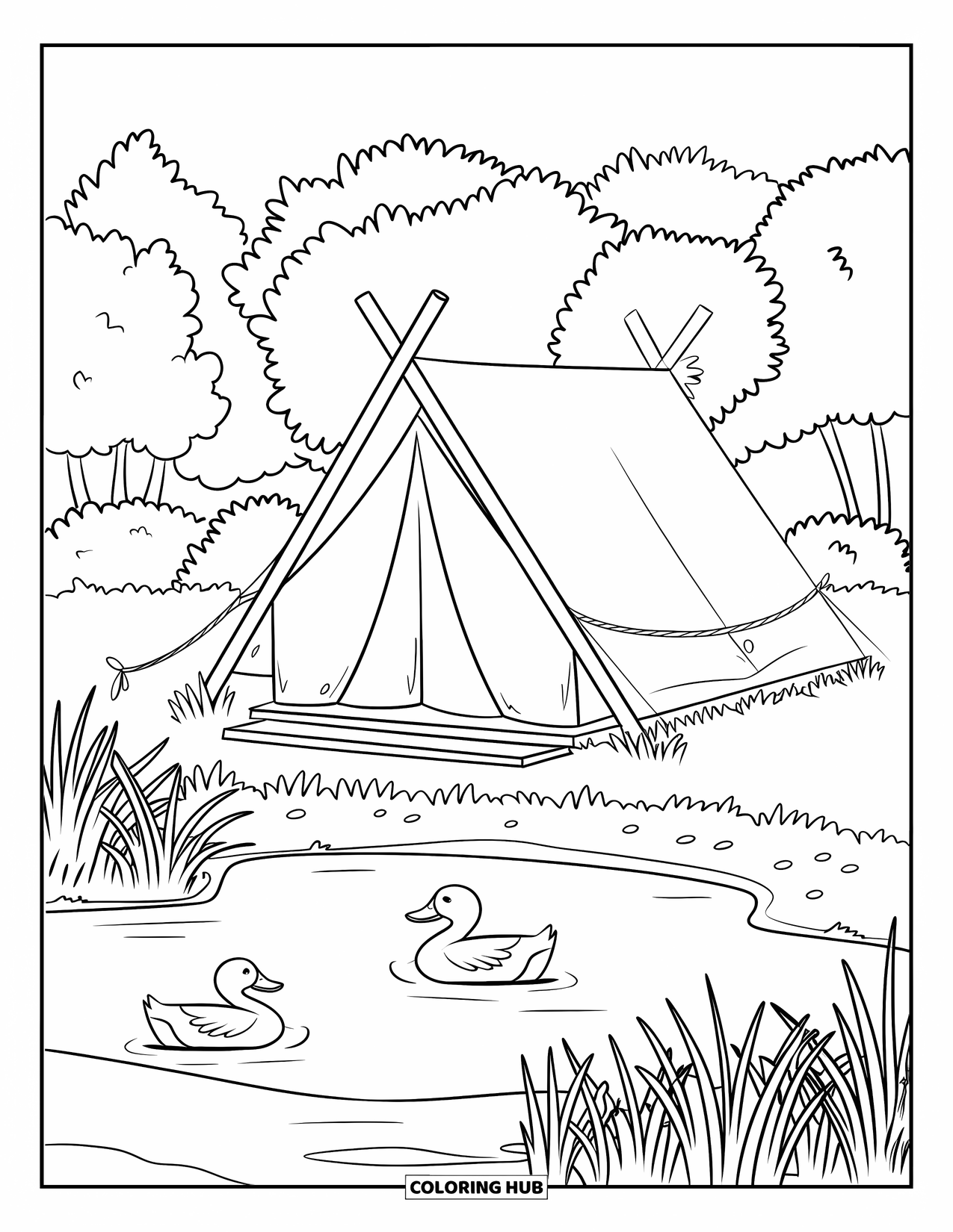 Scenic Coloring Page for Kids: A cozy lakeside tent with ducks, tall grass, and trees in the distance