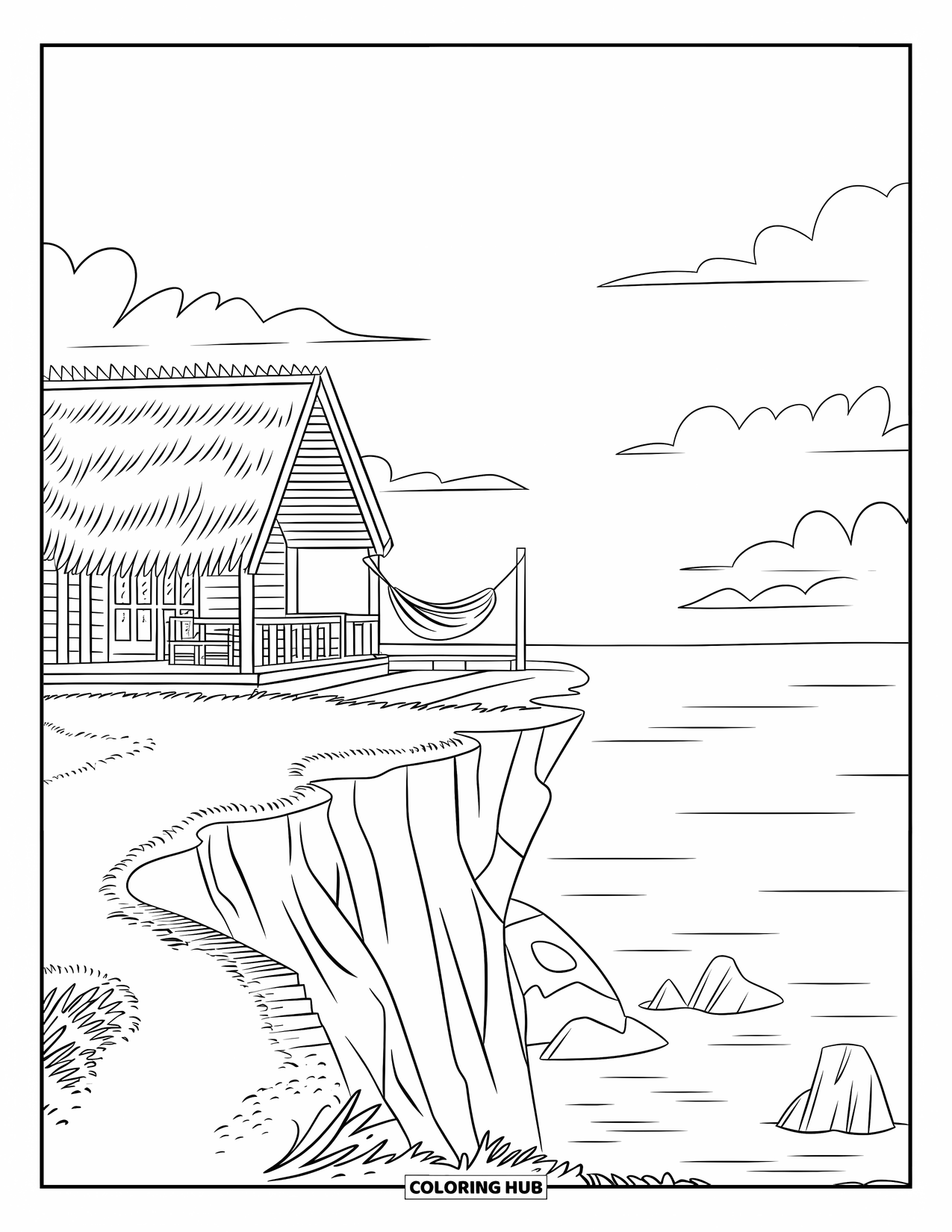 Scenic Coloring Page for Kids: A cozy wooden cabin with a hammock rests above a calm ocean view
