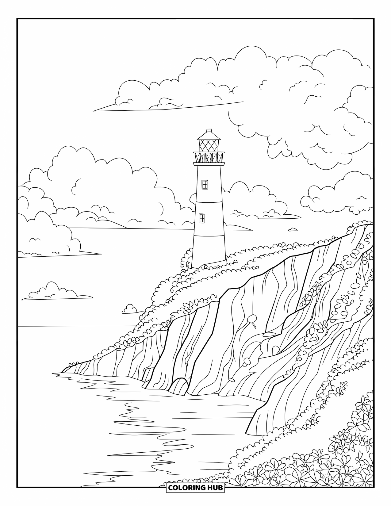 Scenic Coloring Page for Kids: A lighthouse overlooks still water, rocky cliffs, and a sky full of puffy clouds
