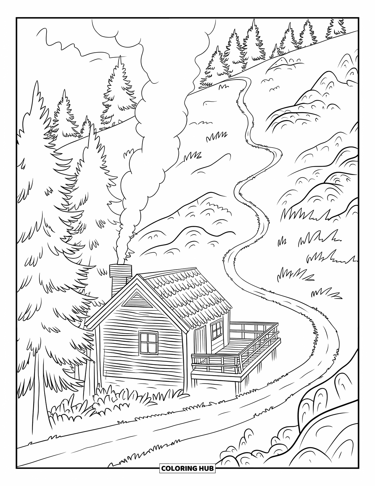 Scenic Coloring Page for Kids: A pine-lined mountain cottage with rising smoke rests by a winding stone path