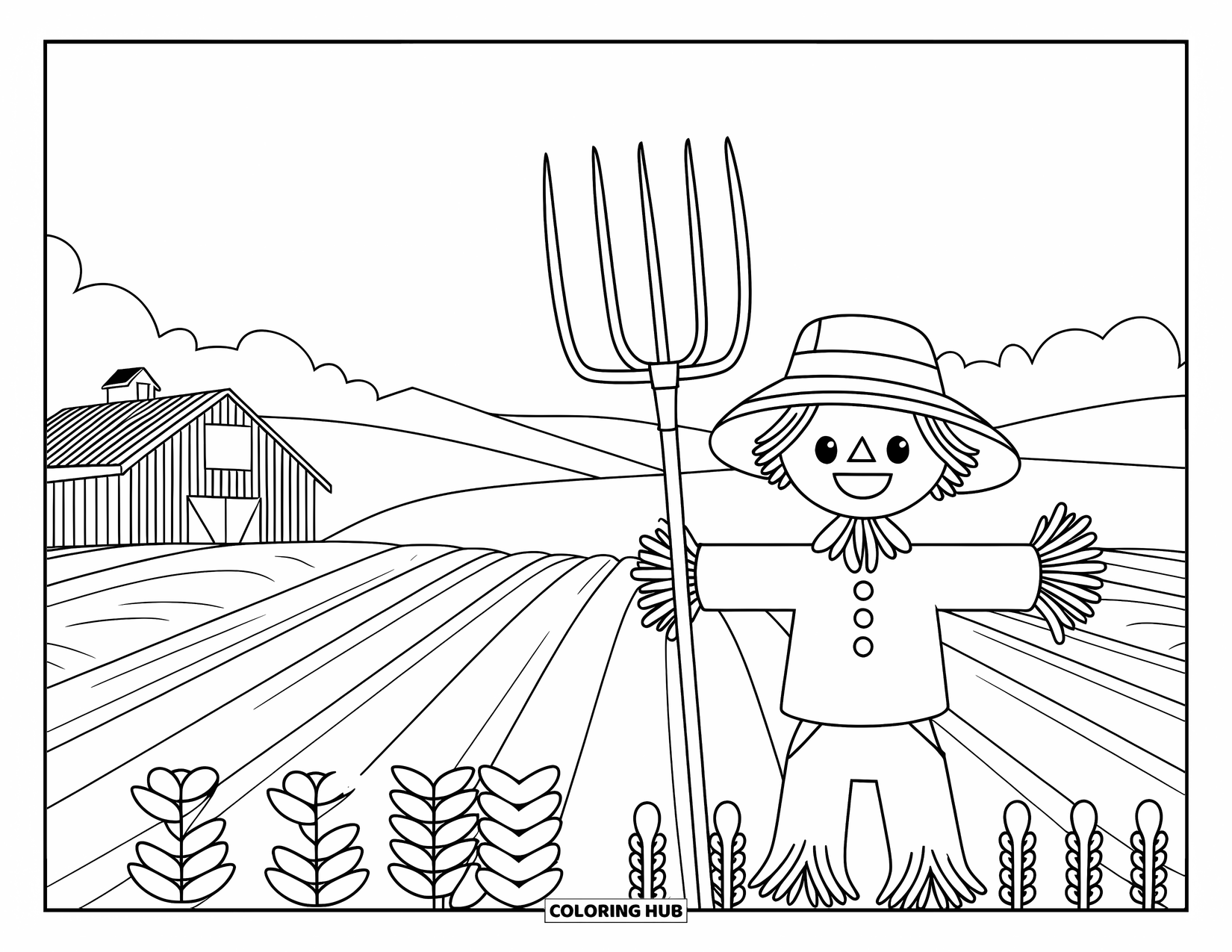 Scenic Coloring Page for Kids: A smiling scarecrow with a pitchfork stands in a wide field by a cozy barn